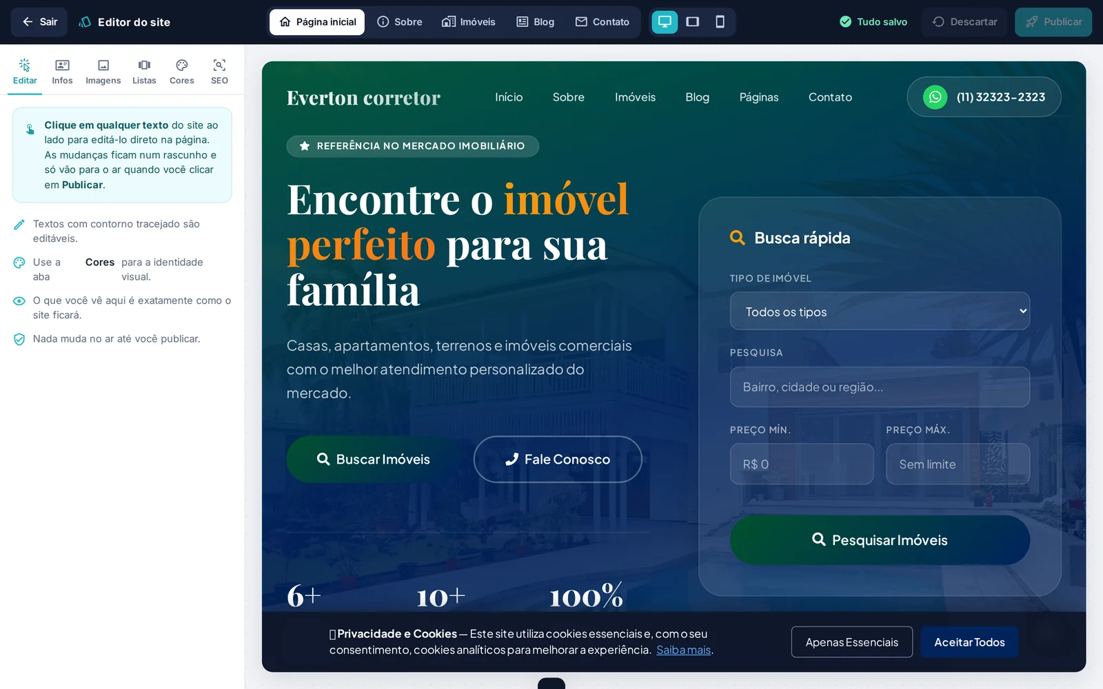Editor visual do site com pré-visualização ao lado