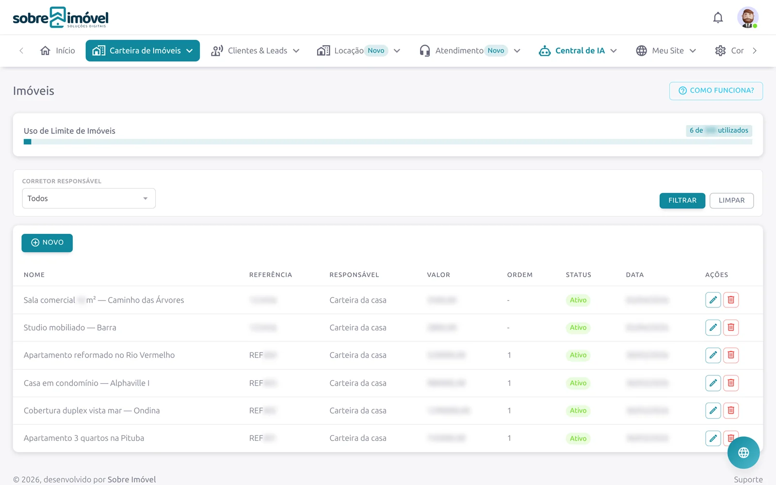 Lista de imóveis com uso do limite do plano, filtros e status