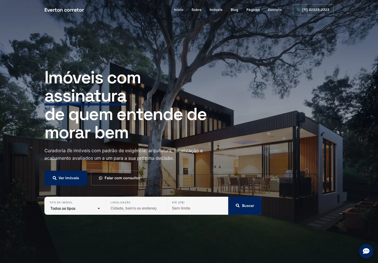 Modelo Clássico: hero com foto do imóvel e busca por tipo, localização e preço