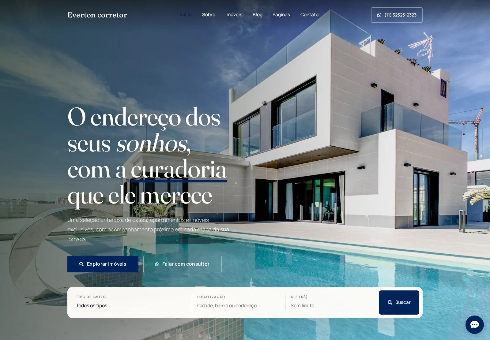 Modelo Editorial: tipografia serifada sobre foto de imóvel de alto padrão