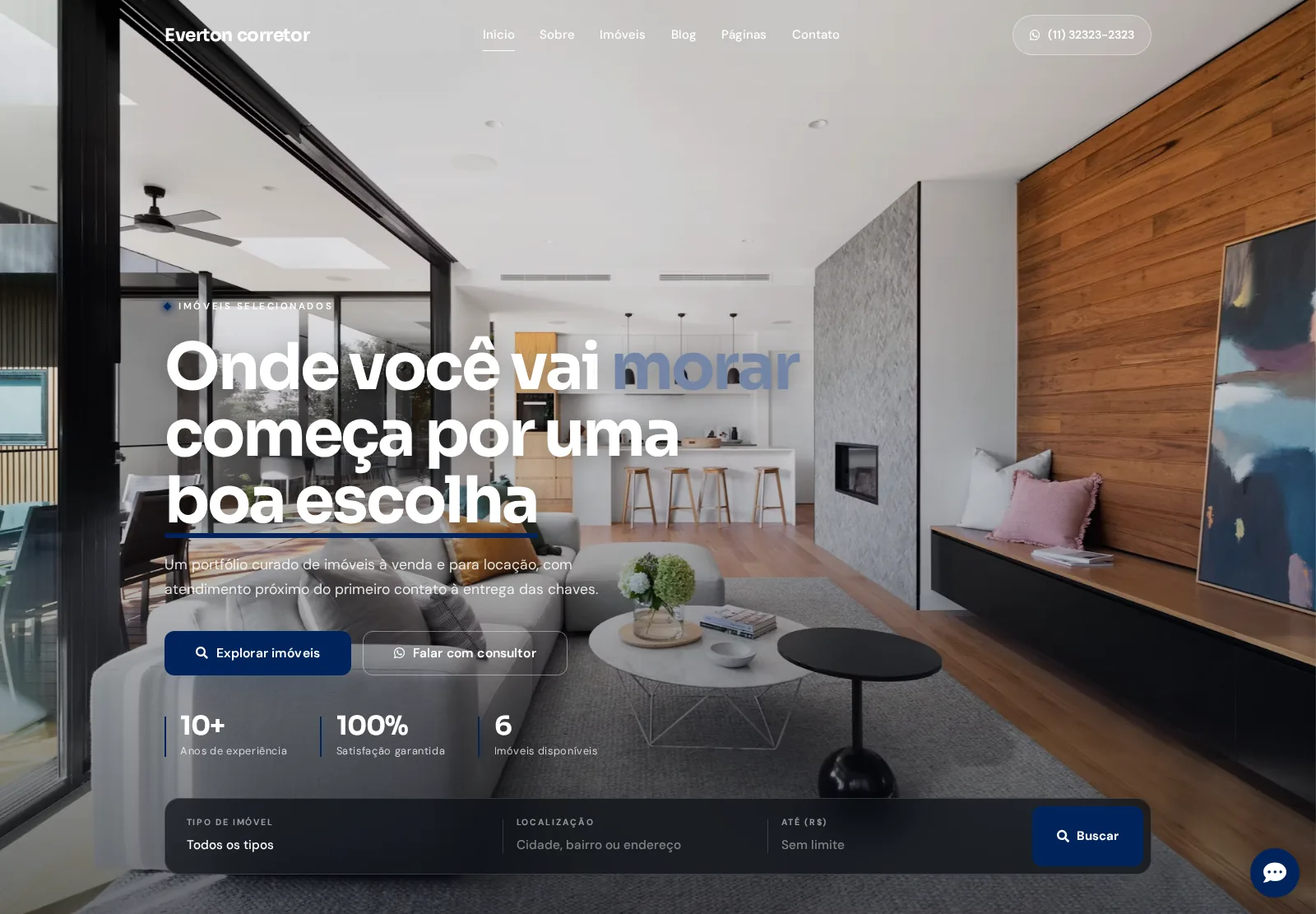 Modelo Horizonte: foto do imóvel em tela cheia com console de busca em vidro e preço sobre a imagem