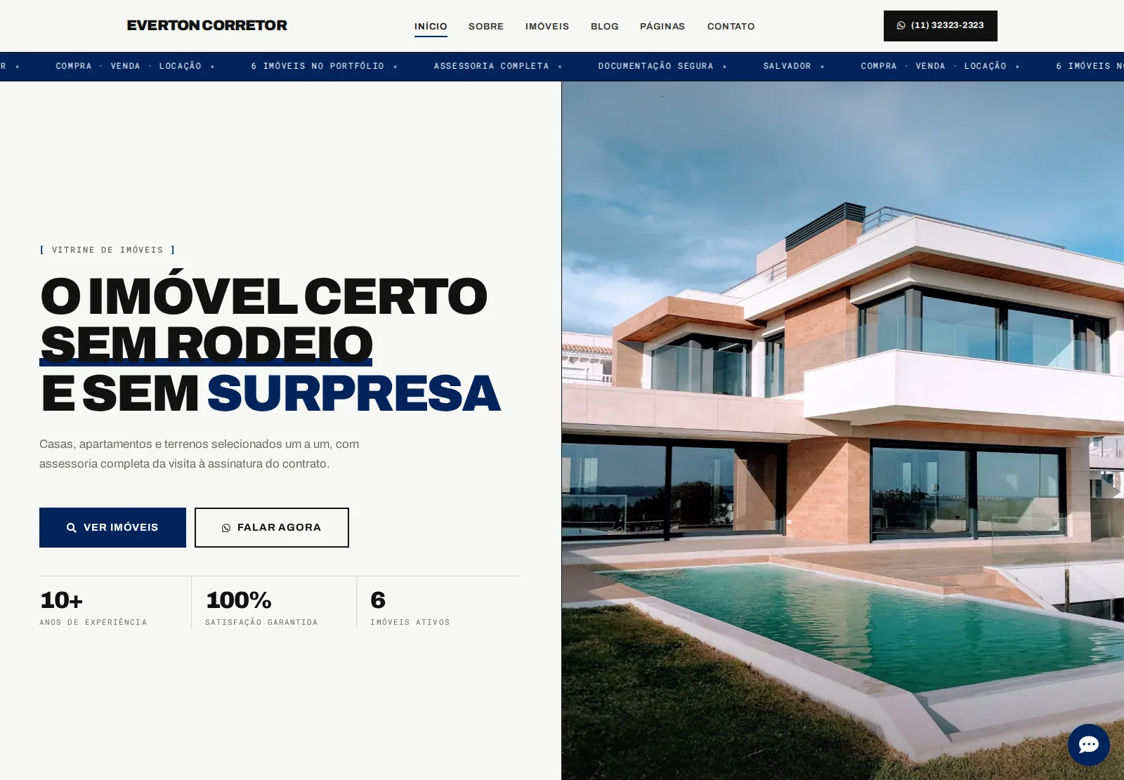 Modelo Vitrine: tipografia grande à esquerda, foto do imóvel à direita e faixa rolante com os serviços
